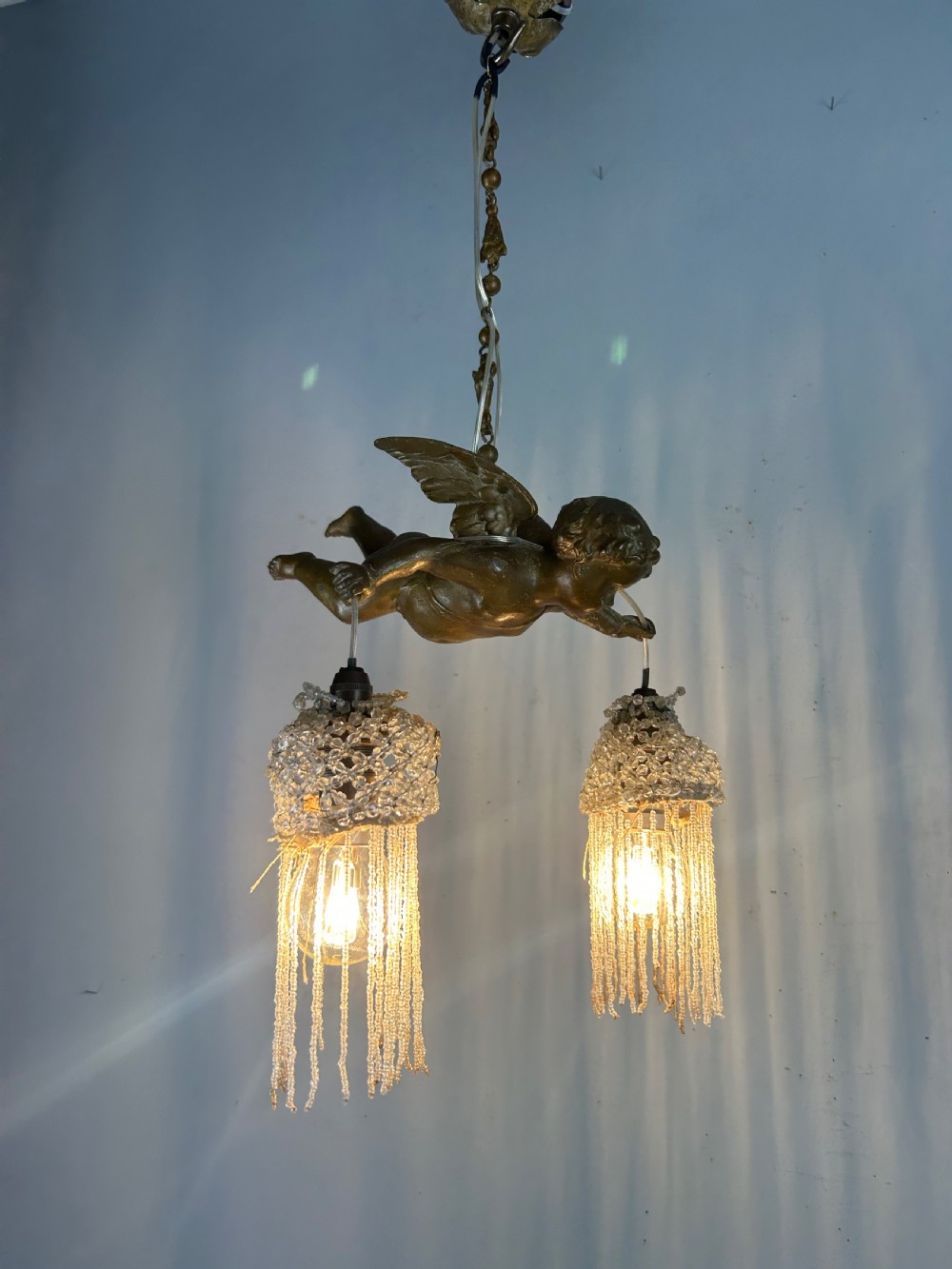 French Bronze Putti Cherub Ceiling Light, Original Shades, Rewired View II