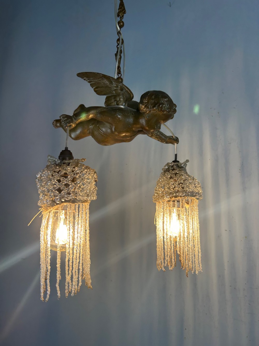 French Bronze Putti Cherub Ceiling Light, Original Shades, Rewired View III
