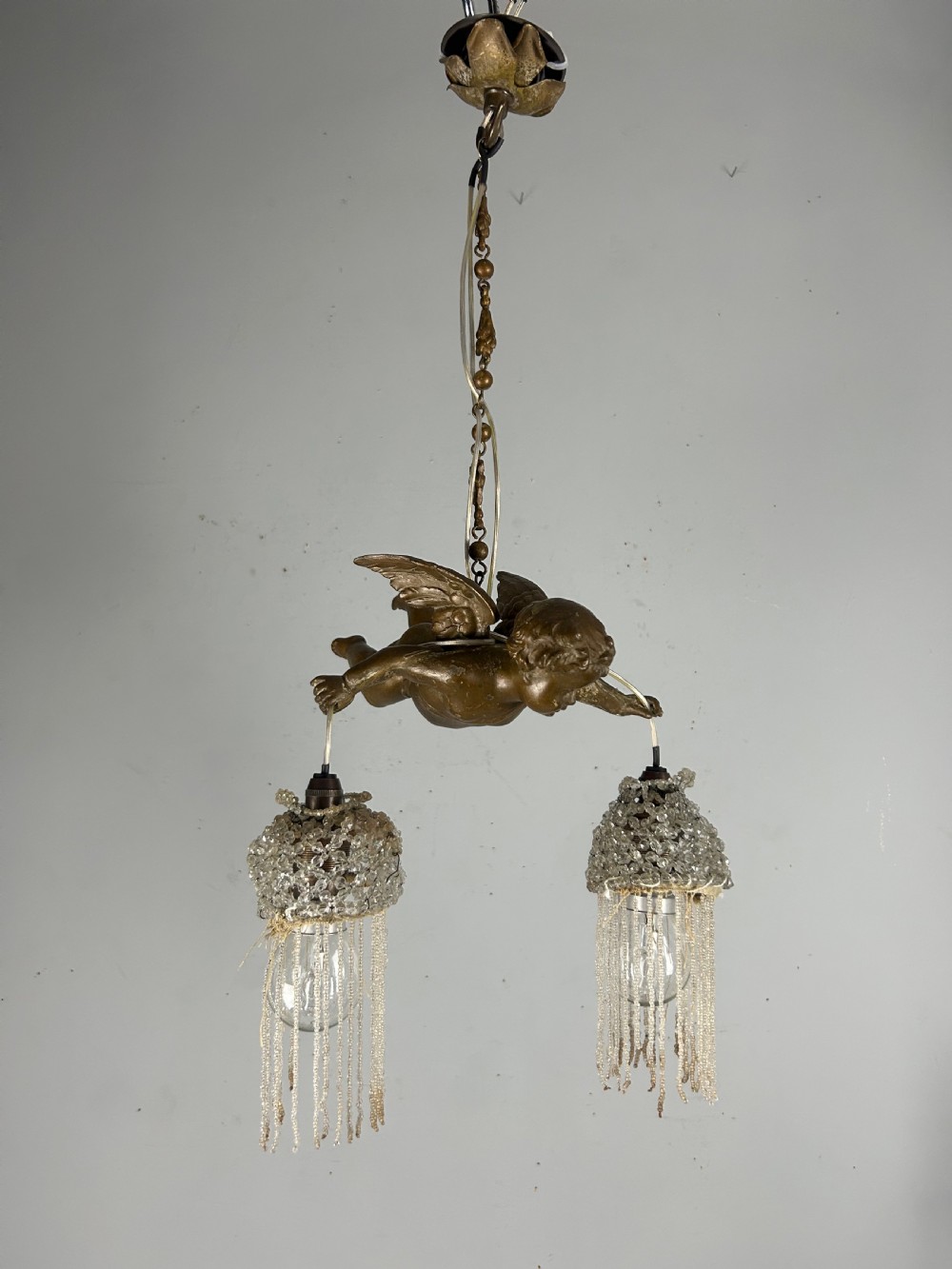 French Bronze Putti Cherub Ceiling Light, Original Shades, Rewired View IV
