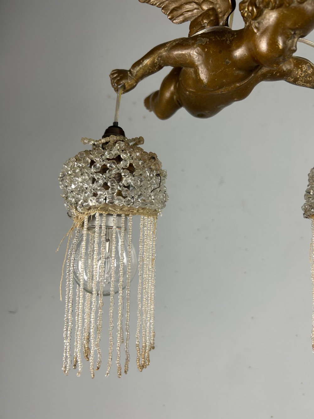 French Bronze Putti Cherub Ceiling Light, Original Shades, Rewired View VI