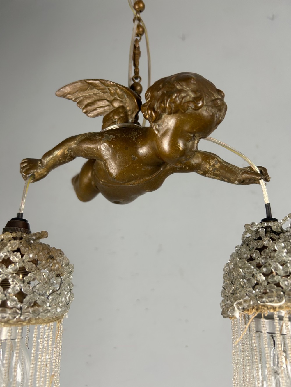 French Bronze Putti Cherub Ceiling Light, Original Shades, Rewired View VII