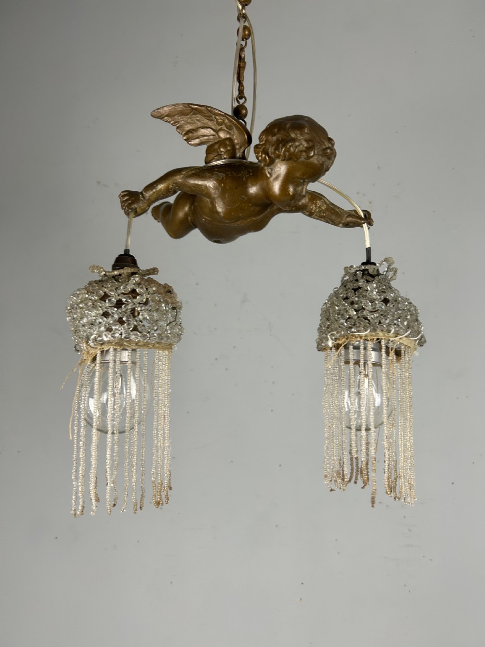 French Bronze Putti Cherub Ceiling Light, Original Shades, Rewired View IX