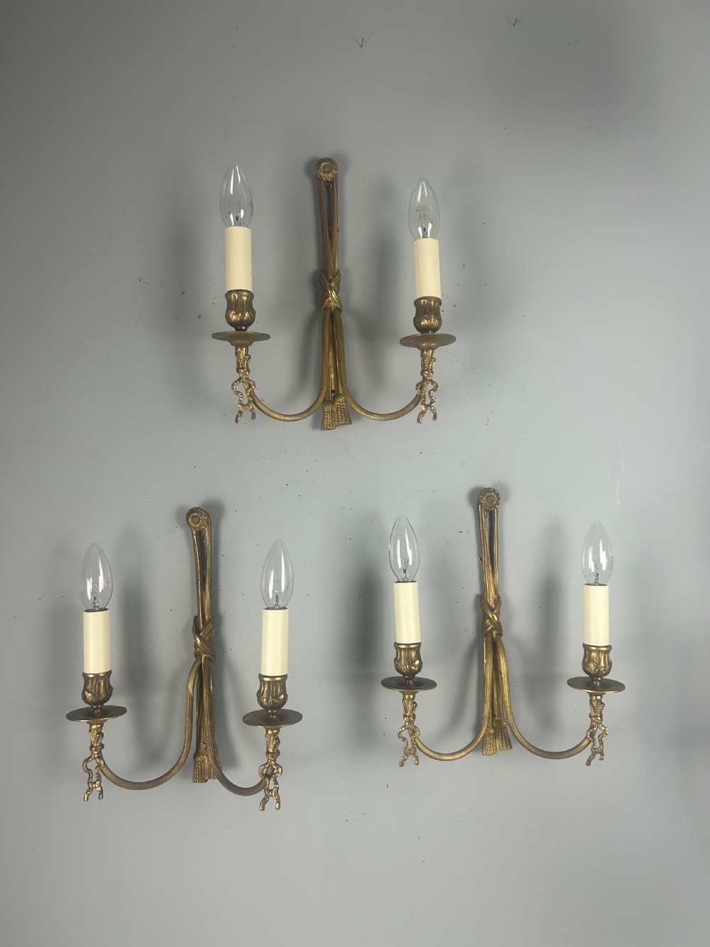 Set of 3 French Ribbon Gilt Brass Wall Lights, Rewired 