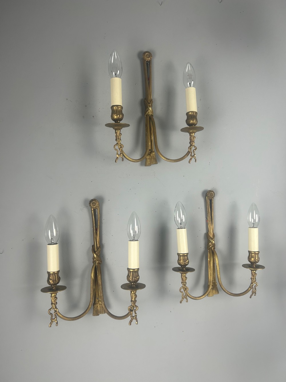 Set of 3 French Ribbon Gilt Brass Wall Lights, Rewired  View II