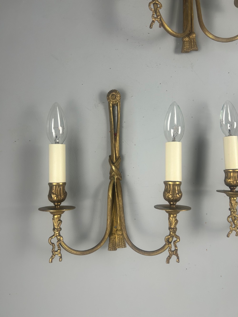 Set of 3 French Ribbon Gilt Brass Wall Lights, Rewired  View III
