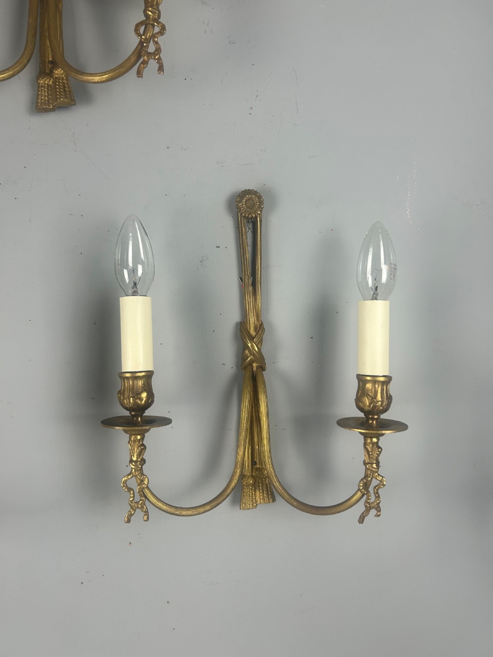 Set of 3 French Ribbon Gilt Brass Wall Lights, Rewired  View IV