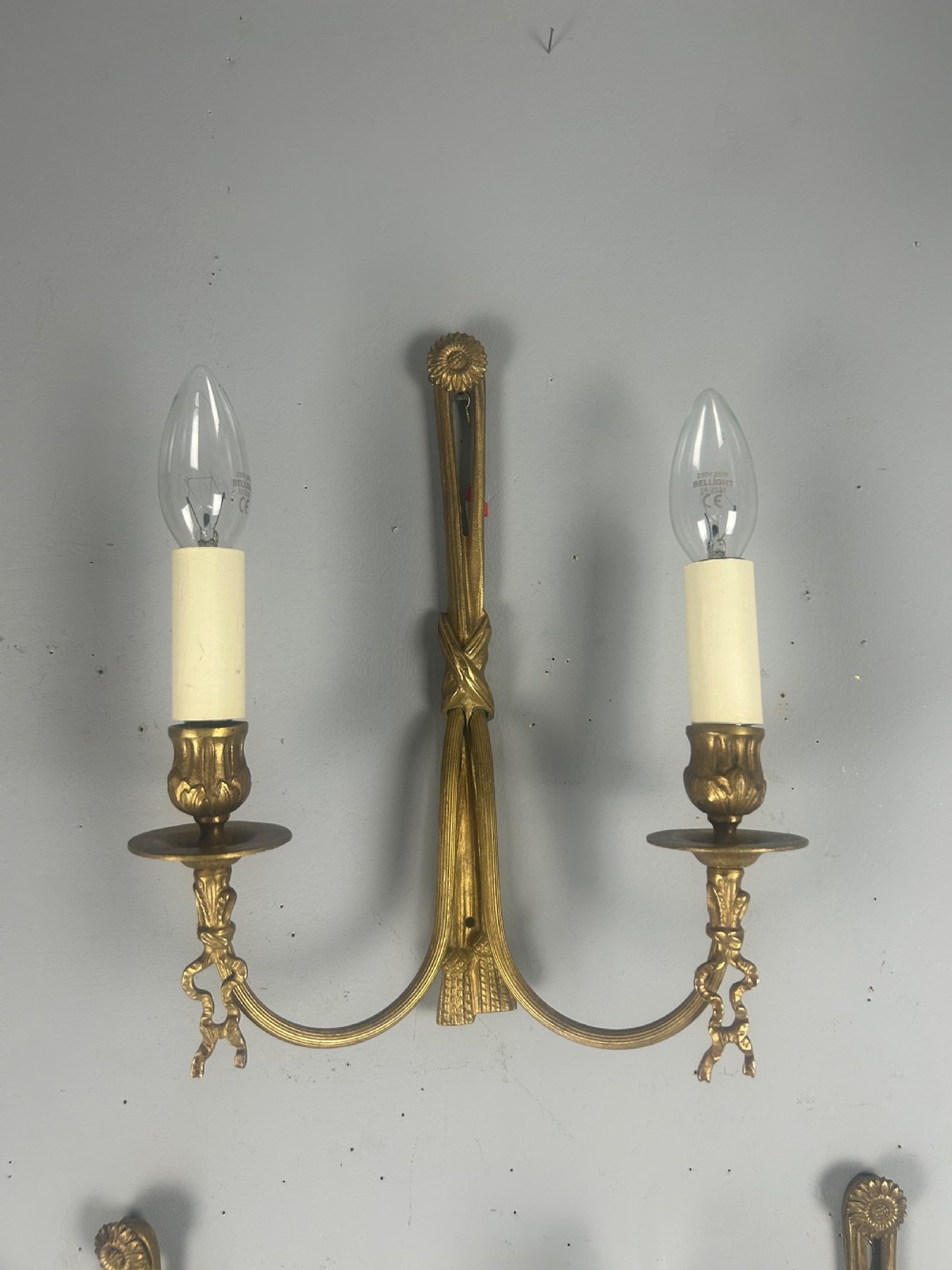 Set of 3 French Ribbon Gilt Brass Wall Lights, Rewired  View V