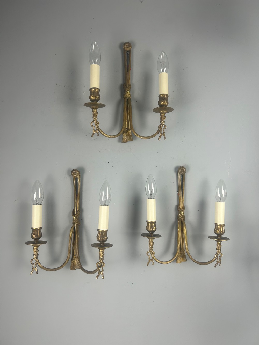Set of 3 French Ribbon Gilt Brass Wall Lights, Rewired  View VI