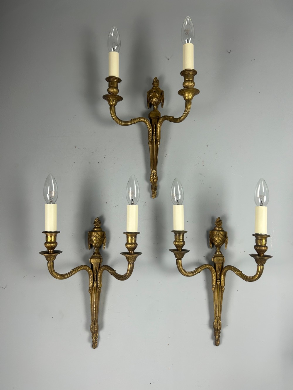 Set of 3 Classical French Brass Wall Lights, Rewired 