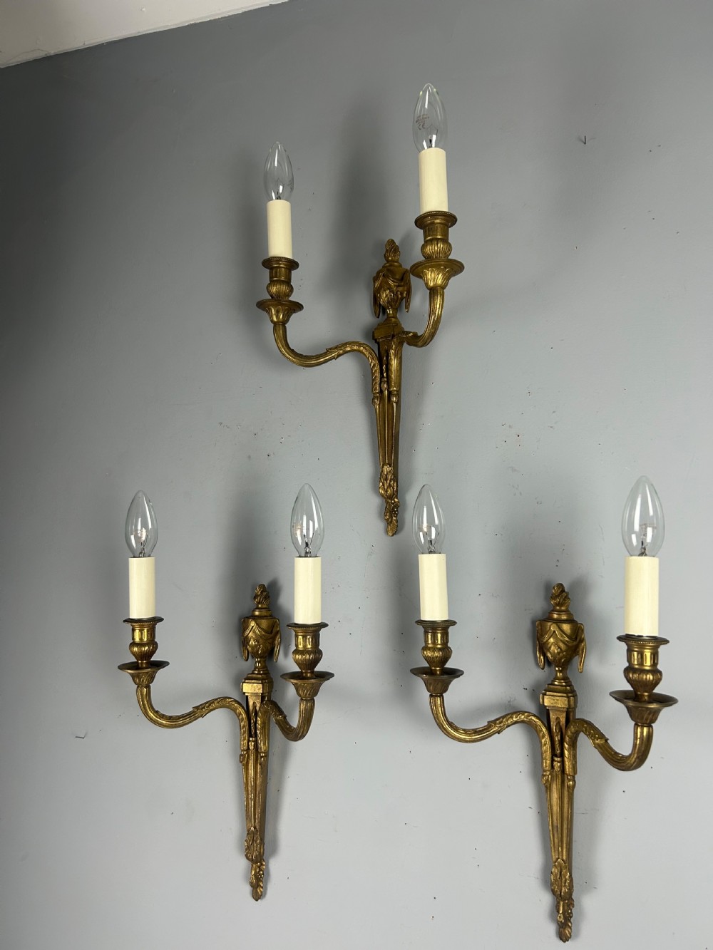 Set of 3 Classical French Brass Wall Lights, Rewired  View II