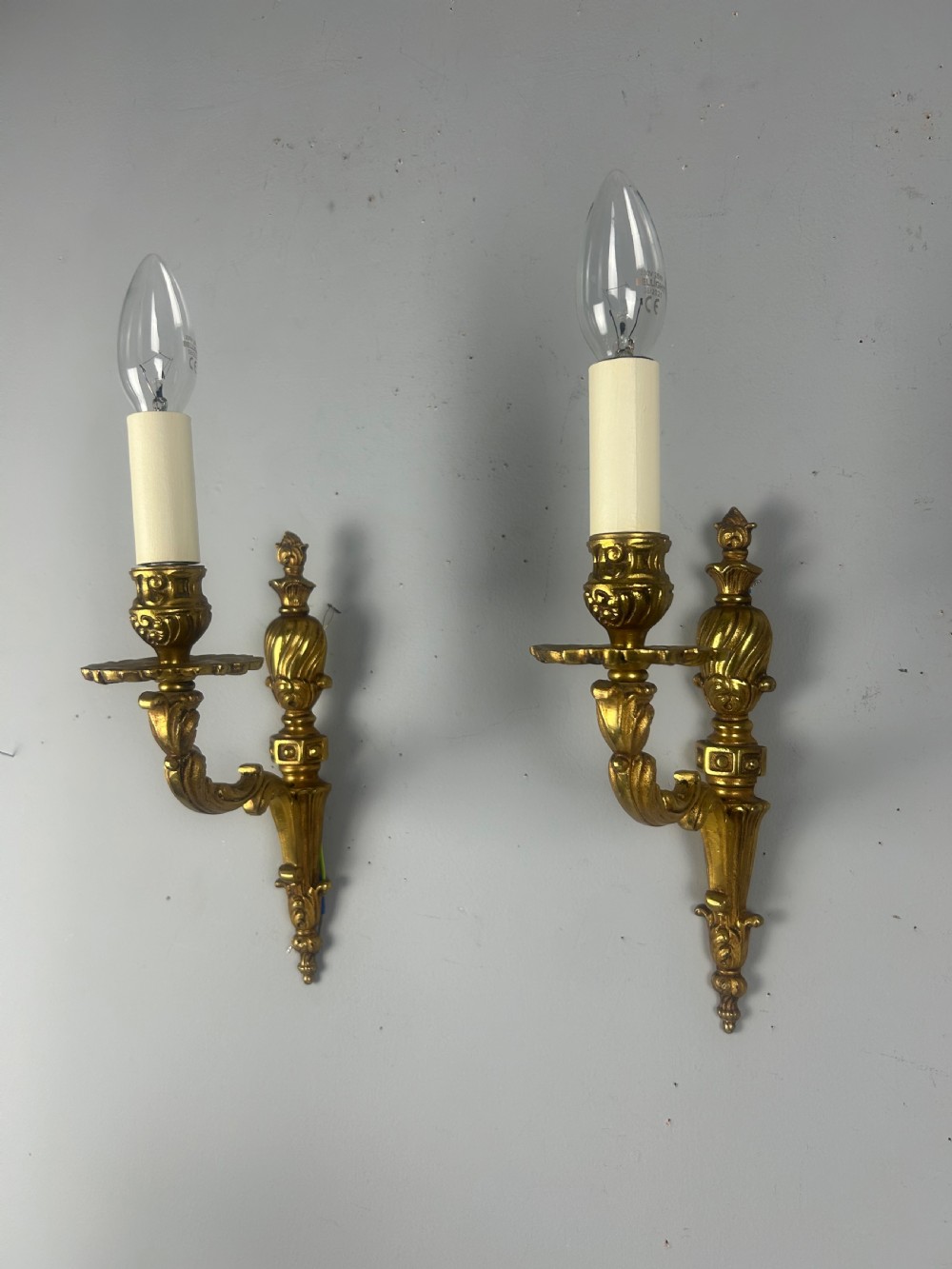 French Pair Of Single Arm Antique Gilt Brass Wall Lights