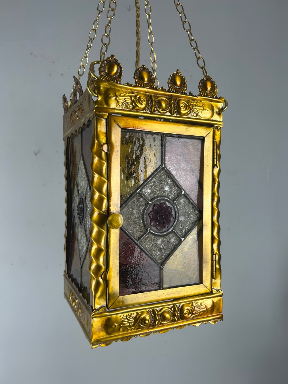 Stained Glass Brass Lantern, Ceiling Light, Rewired And Pat Tested