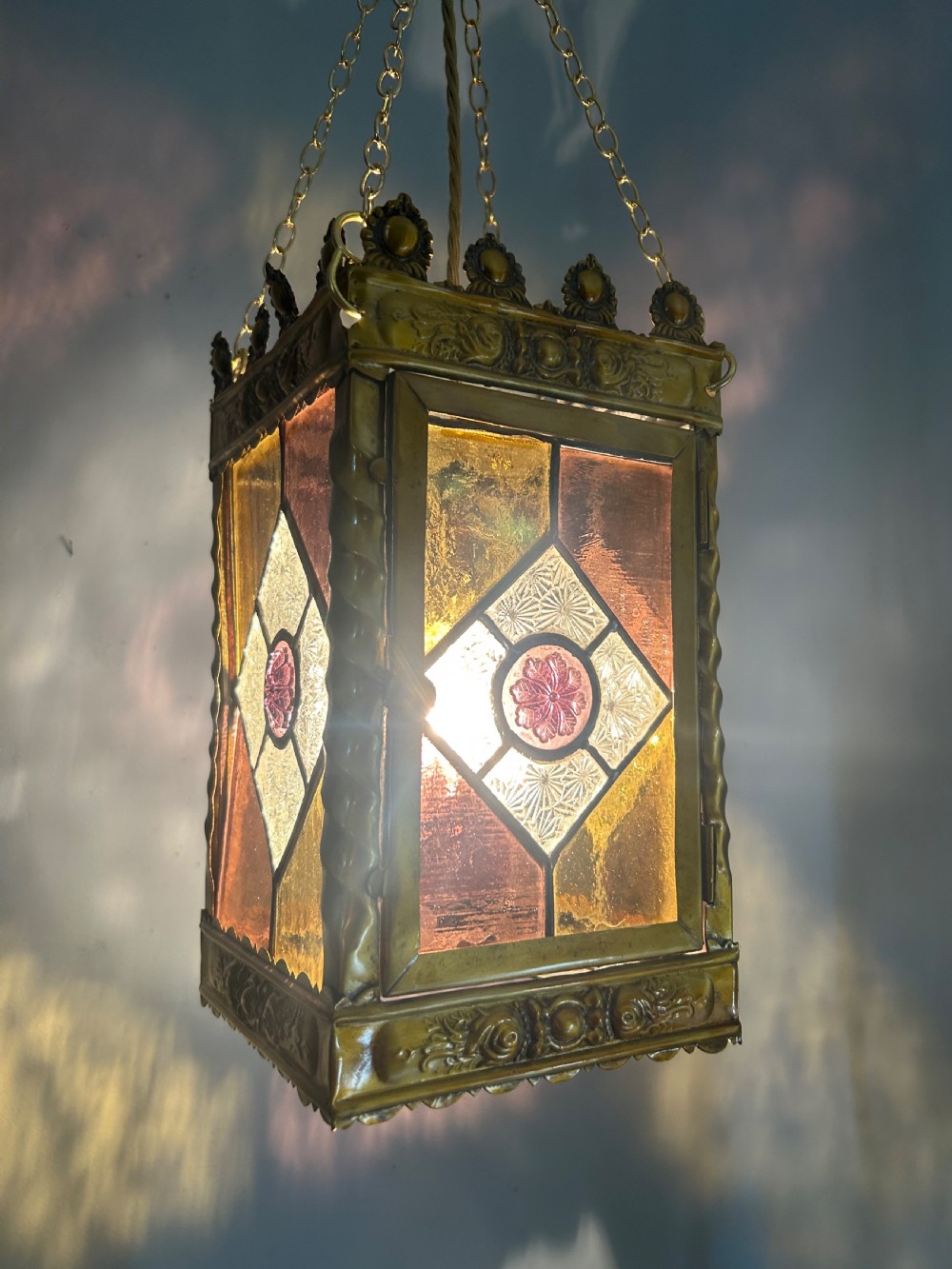 Stained Glass Brass Lantern, Ceiling Light, Rewired And Pat Tested View II