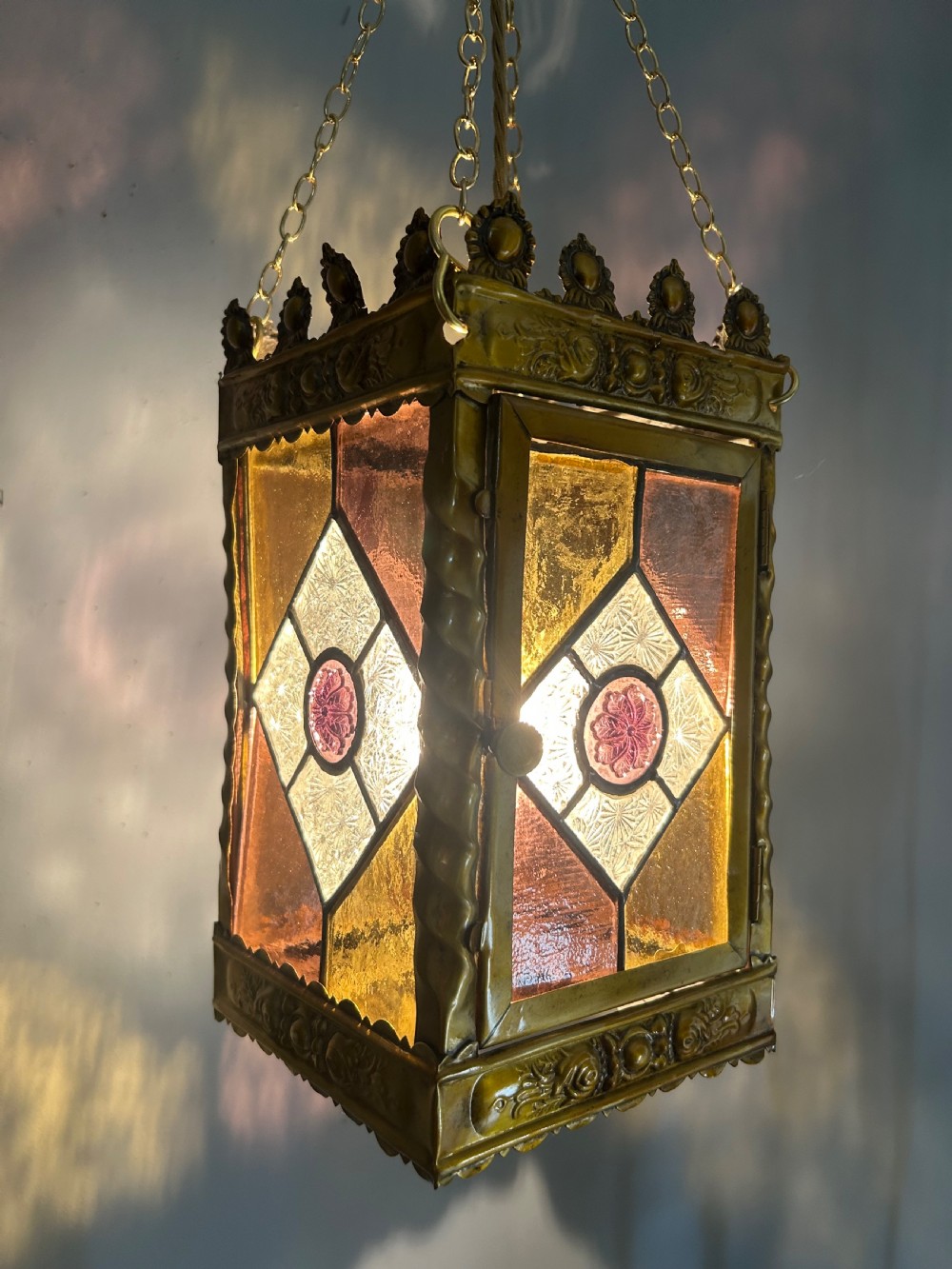 Stained Glass Brass Lantern, Ceiling Light, Rewired And Pat Tested View IV