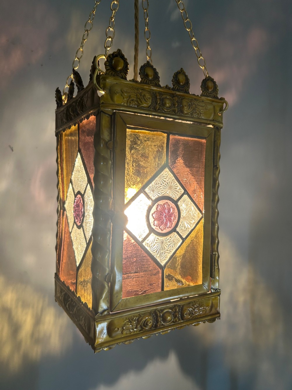 Stained Glass Brass Lantern, Ceiling Light, Rewired And Pat Tested View V