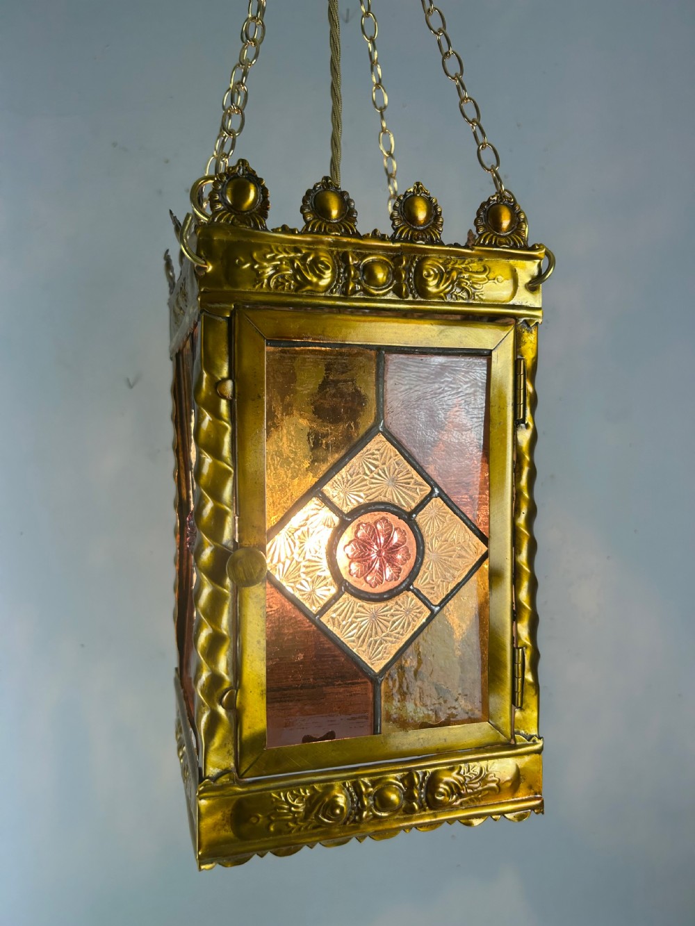 Stained Glass Brass Lantern, Ceiling Light, Rewired And Pat Tested View VI