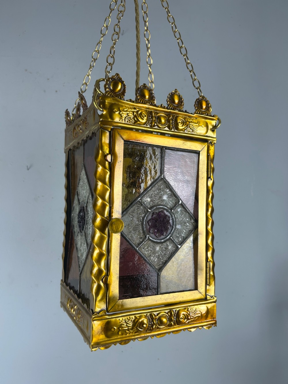 Stained Glass Brass Lantern, Ceiling Light, Rewired And Pat Tested View VII
