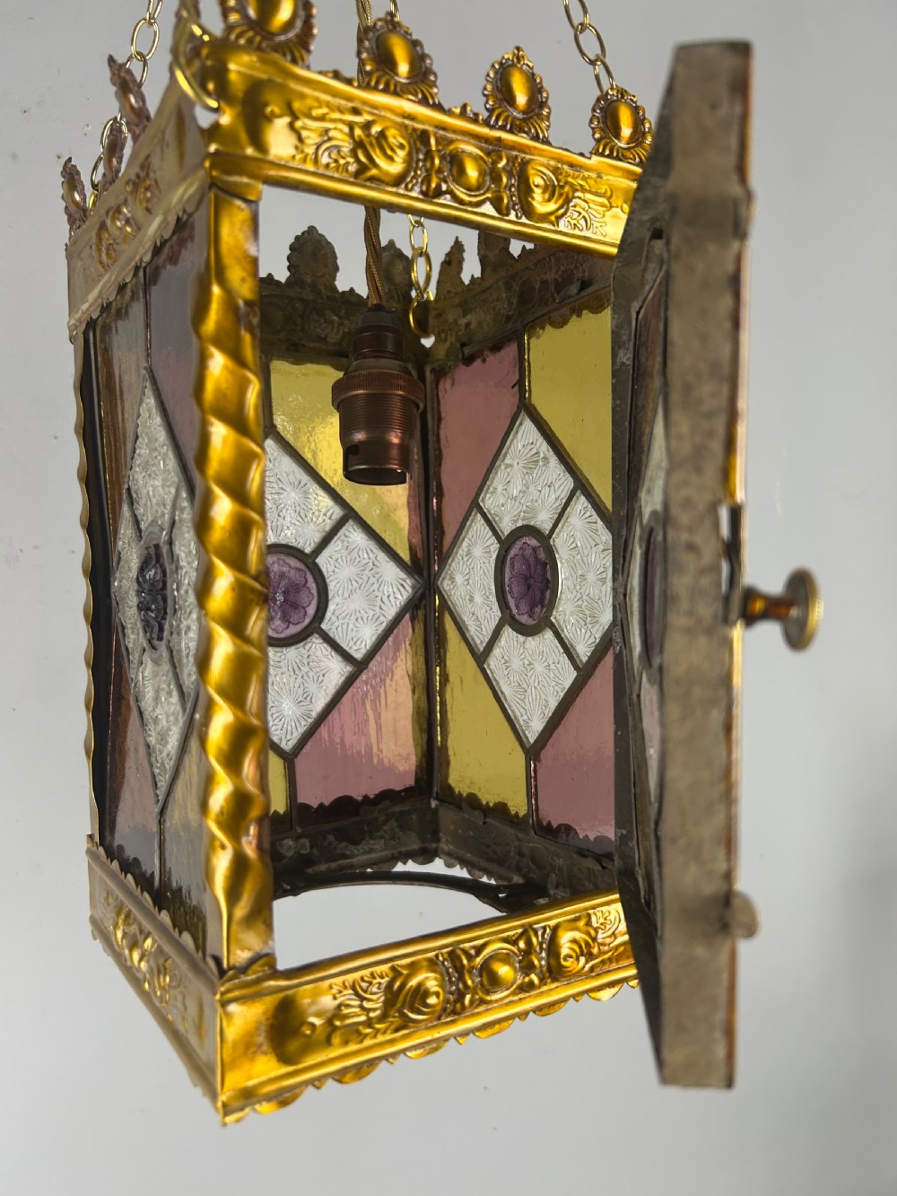 Stained Glass Brass Lantern, Ceiling Light, Rewired And Pat Tested View VIII