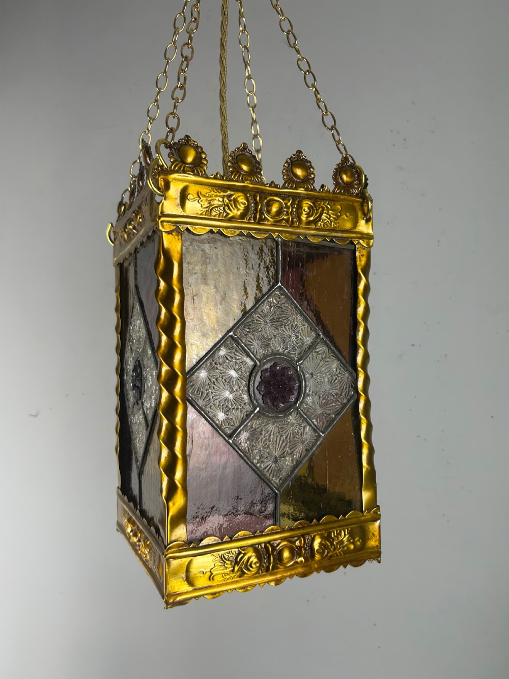 Stained Glass Brass Lantern, Ceiling Light, Rewired And Pat Tested View IX
