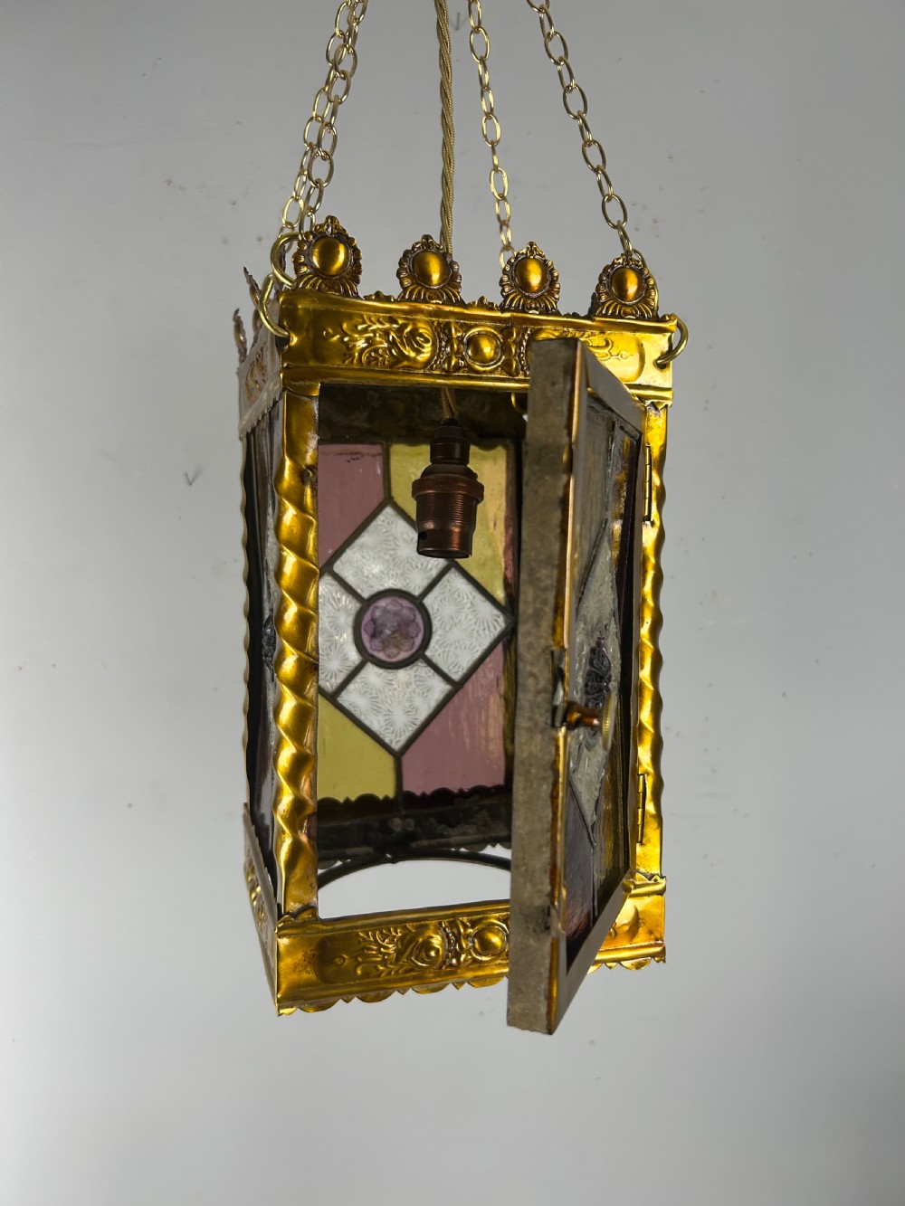 Stained Glass Brass Lantern, Ceiling Light, Rewired And Pat Tested View X