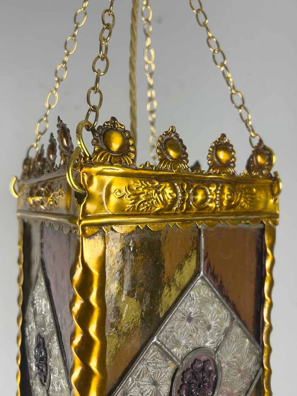 Stained Glass Brass Lantern, Ceiling Light, Rewired And Pat Tested View XII