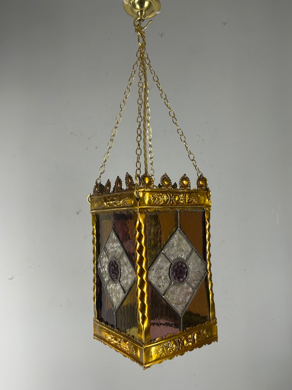 Stained Glass Brass Lantern, Ceiling Light, Rewired And Pat Tested View XIII