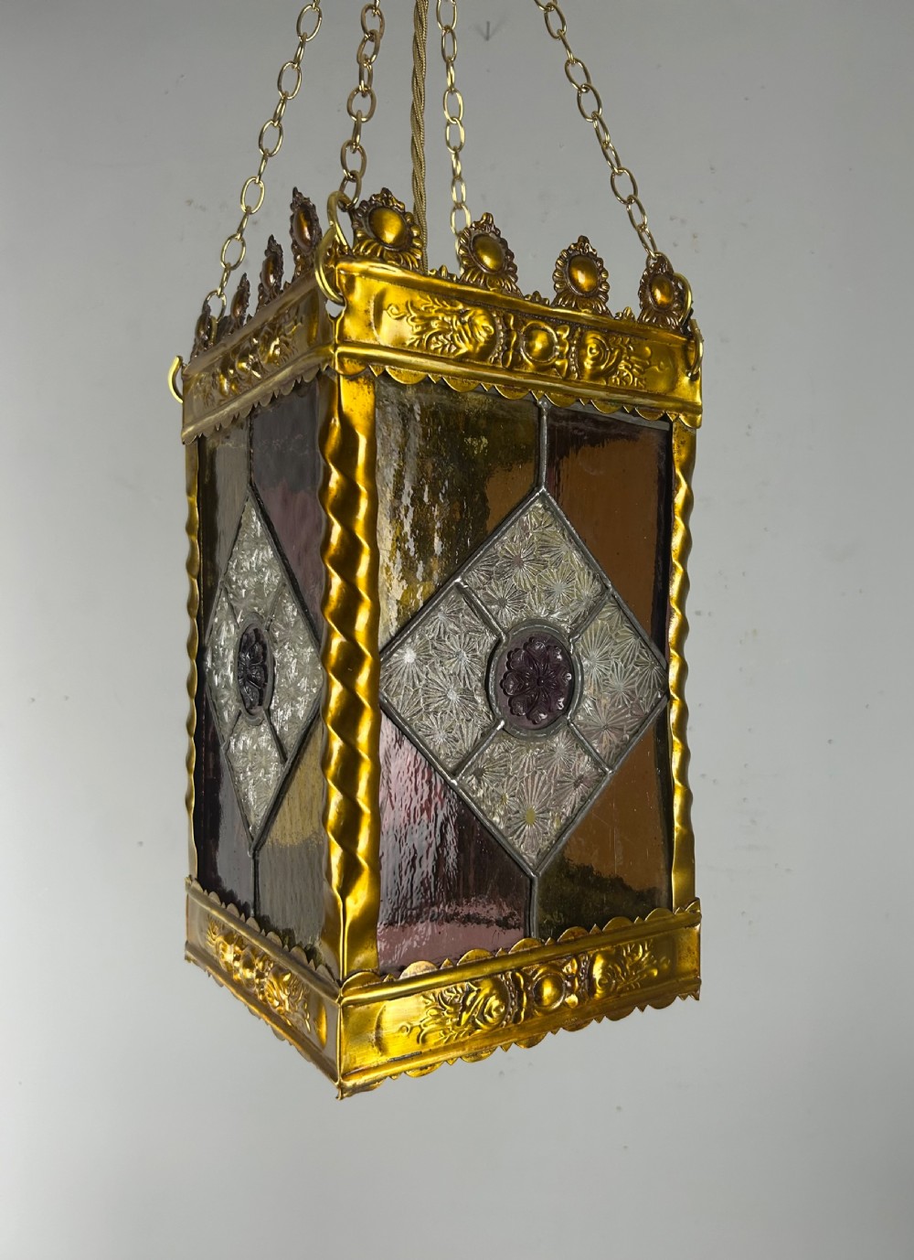 Stained Glass Brass Lantern, Ceiling Light, Rewired And Pat Tested View XIV