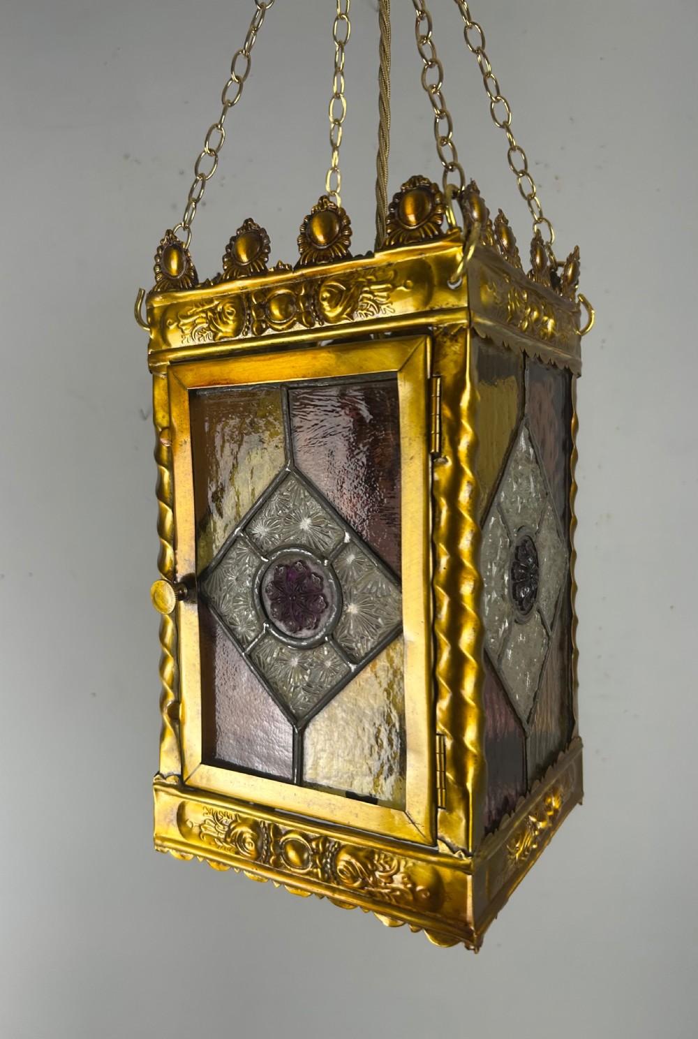 Stained Glass Brass Lantern, Ceiling Light, Rewired And Pat Tested View XV