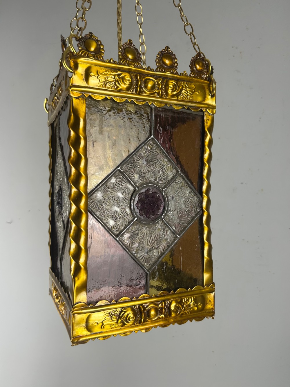 Stained Glass Brass Lantern, Ceiling Light, Rewired And Pat Tested View XVI