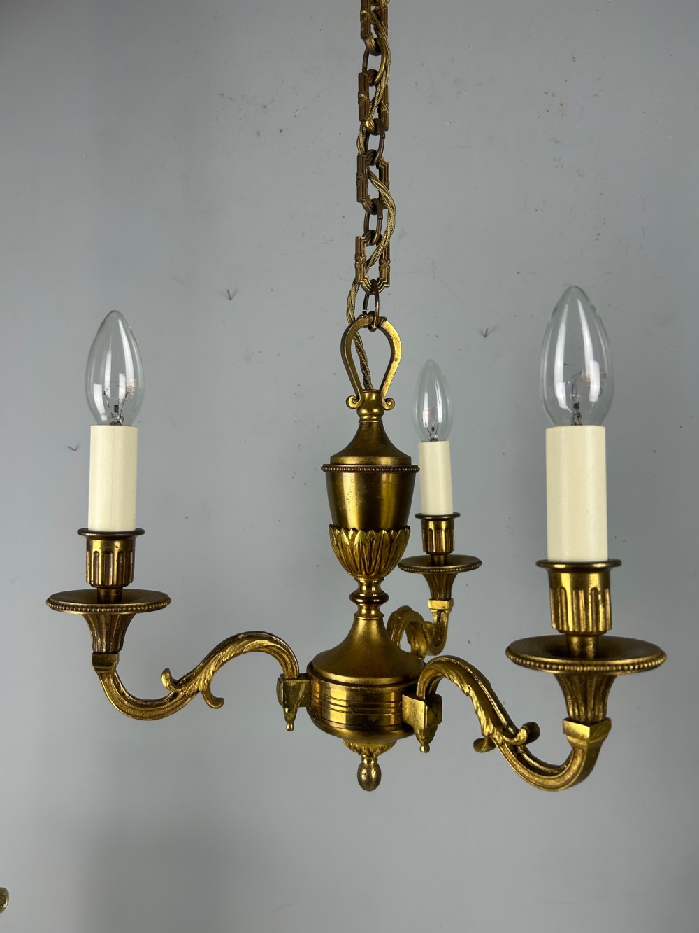 French 3 Light Gilt Brass Chandelier