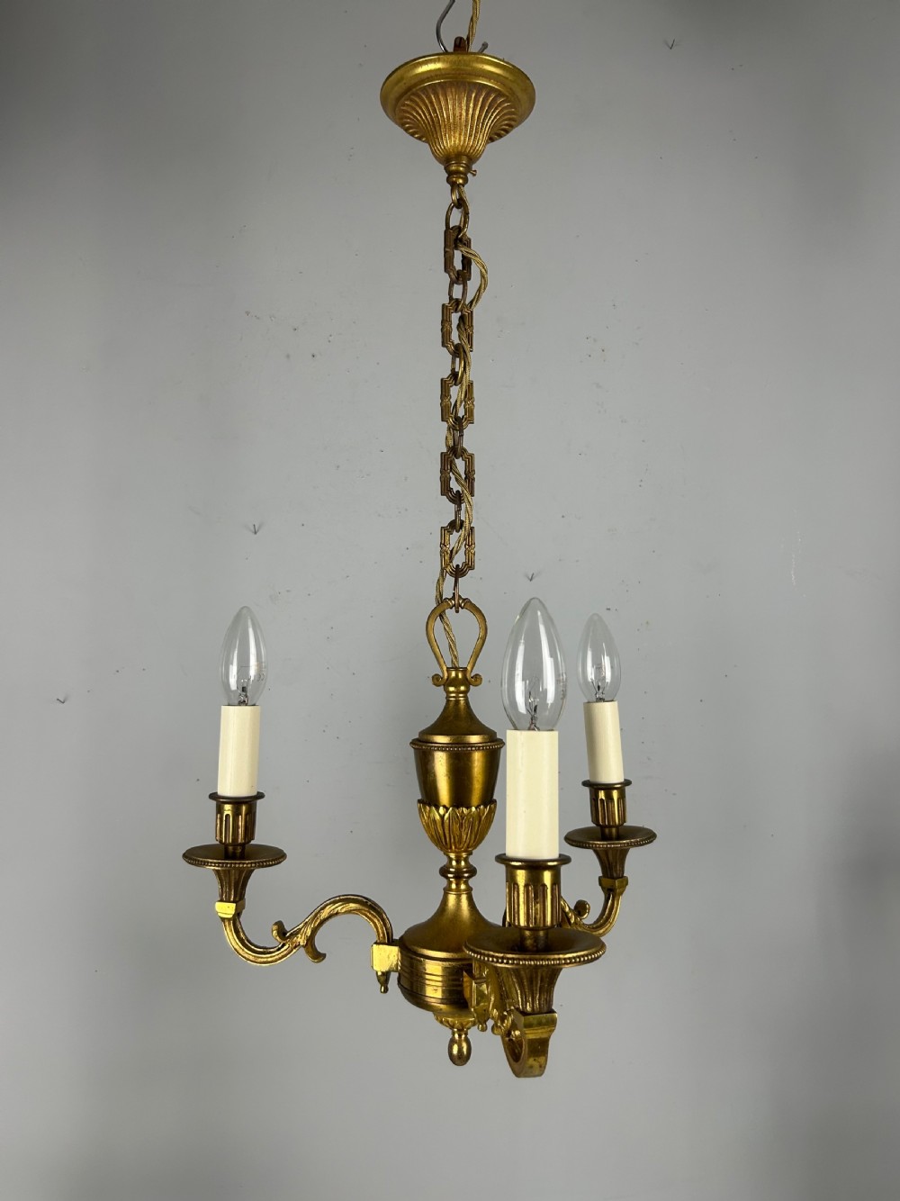 French 3 Light Gilt Brass Chandelier View IV