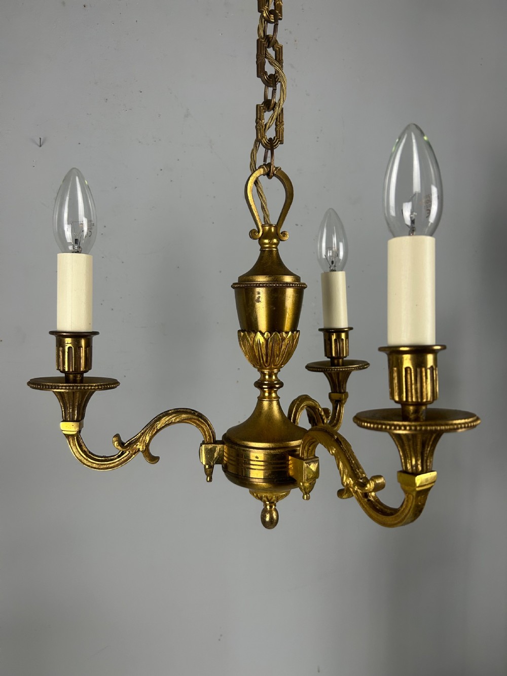 French 3 Light Gilt Brass Chandelier View V