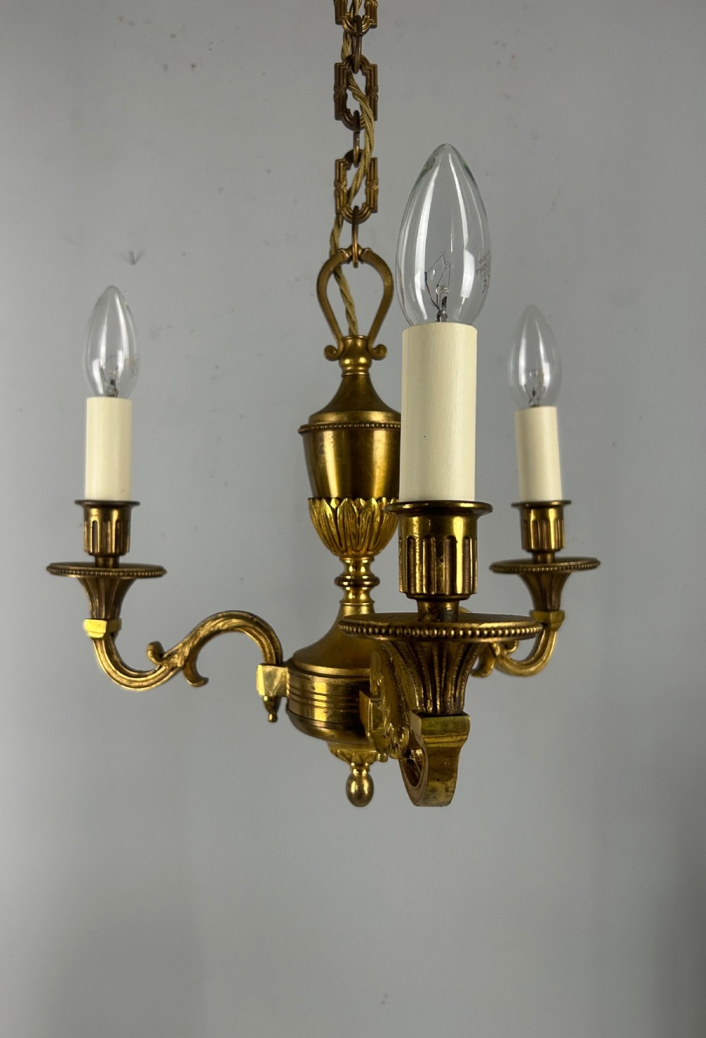 French 3 Light Gilt Brass Chandelier View VI