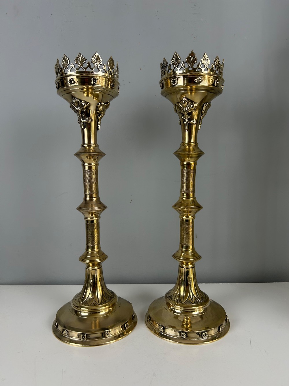 Pair of French Polished Brass Church Pricket Candlesticks, c1900