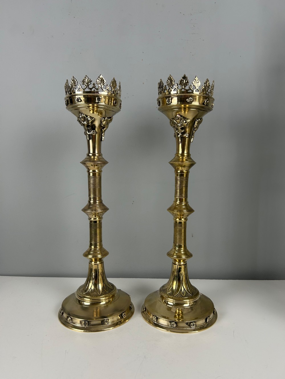 Pair of French Polished Brass Church Pricket Candlesticks, c1900 View II