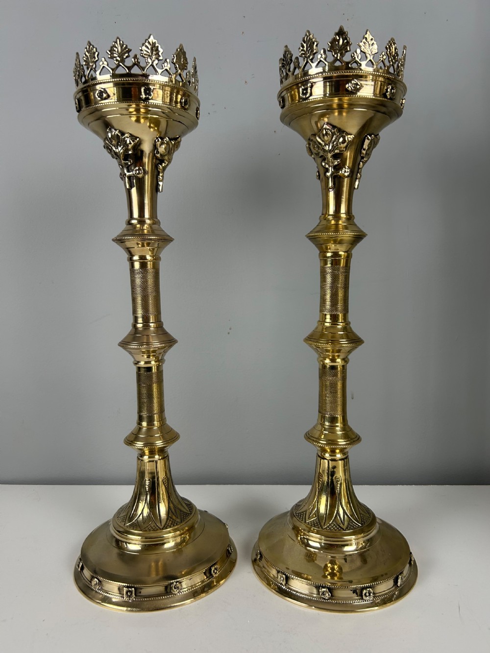 Pair of French Polished Brass Church Pricket Candlesticks, c1900 View V