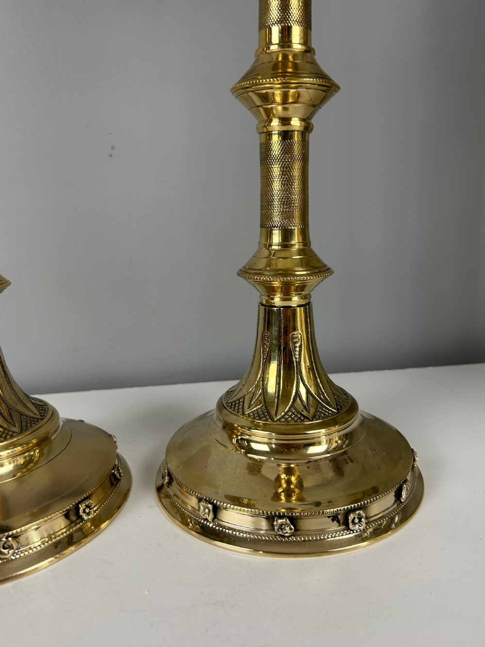 Pair of French Polished Brass Church Pricket Candlesticks, c1900 View VI