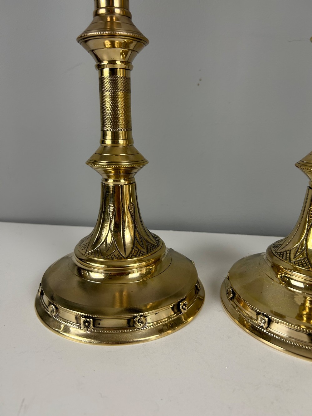 Pair of French Polished Brass Church Pricket Candlesticks, c1900 View VII