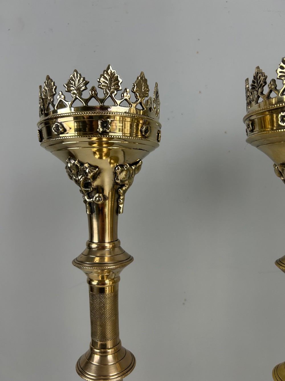 Pair of French Polished Brass Church Pricket Candlesticks, c1900 View VIII