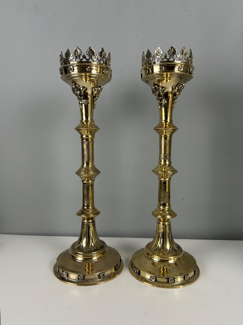 Pair of French Polished Brass Church Pricket Candlesticks, c1900