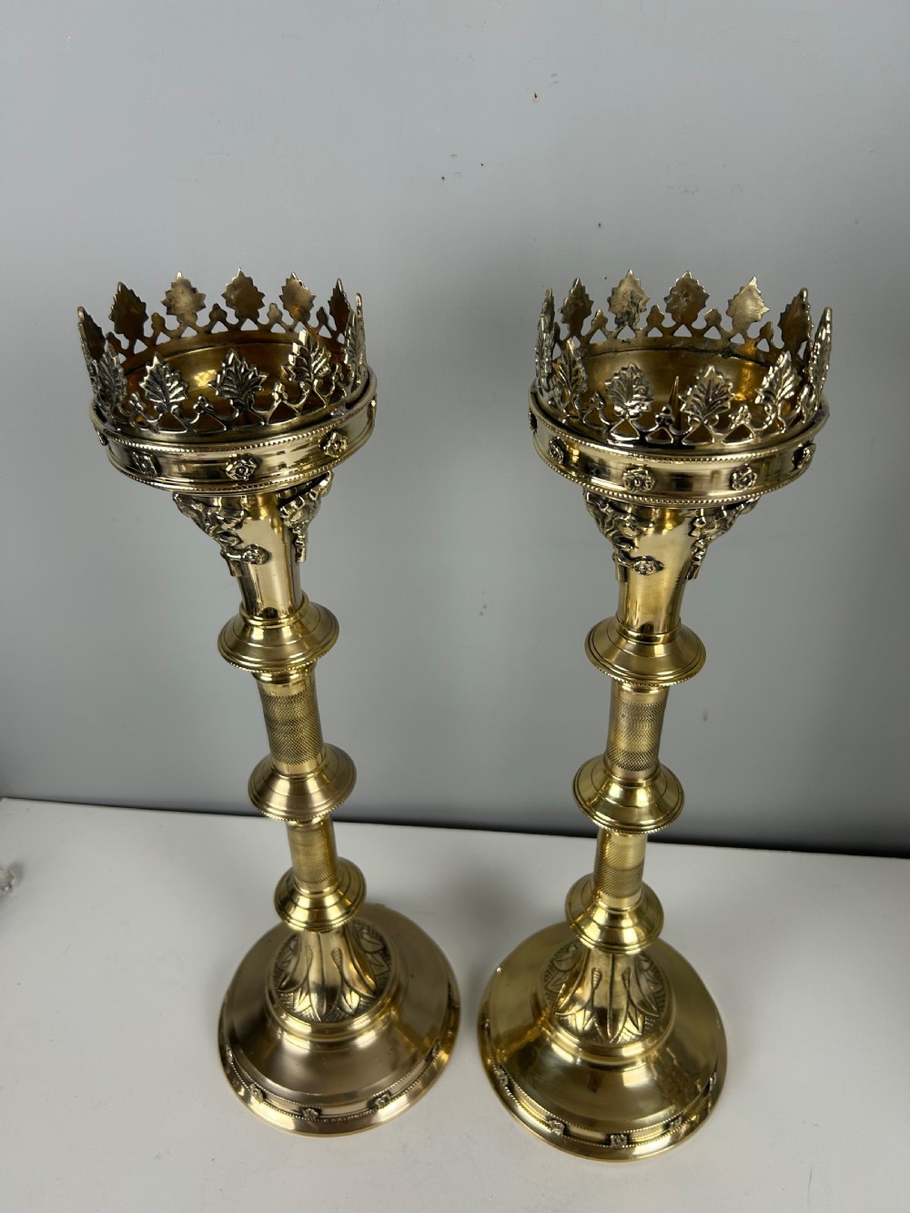 Pair of French Polished Brass Church Pricket Candlesticks, c1900 View II