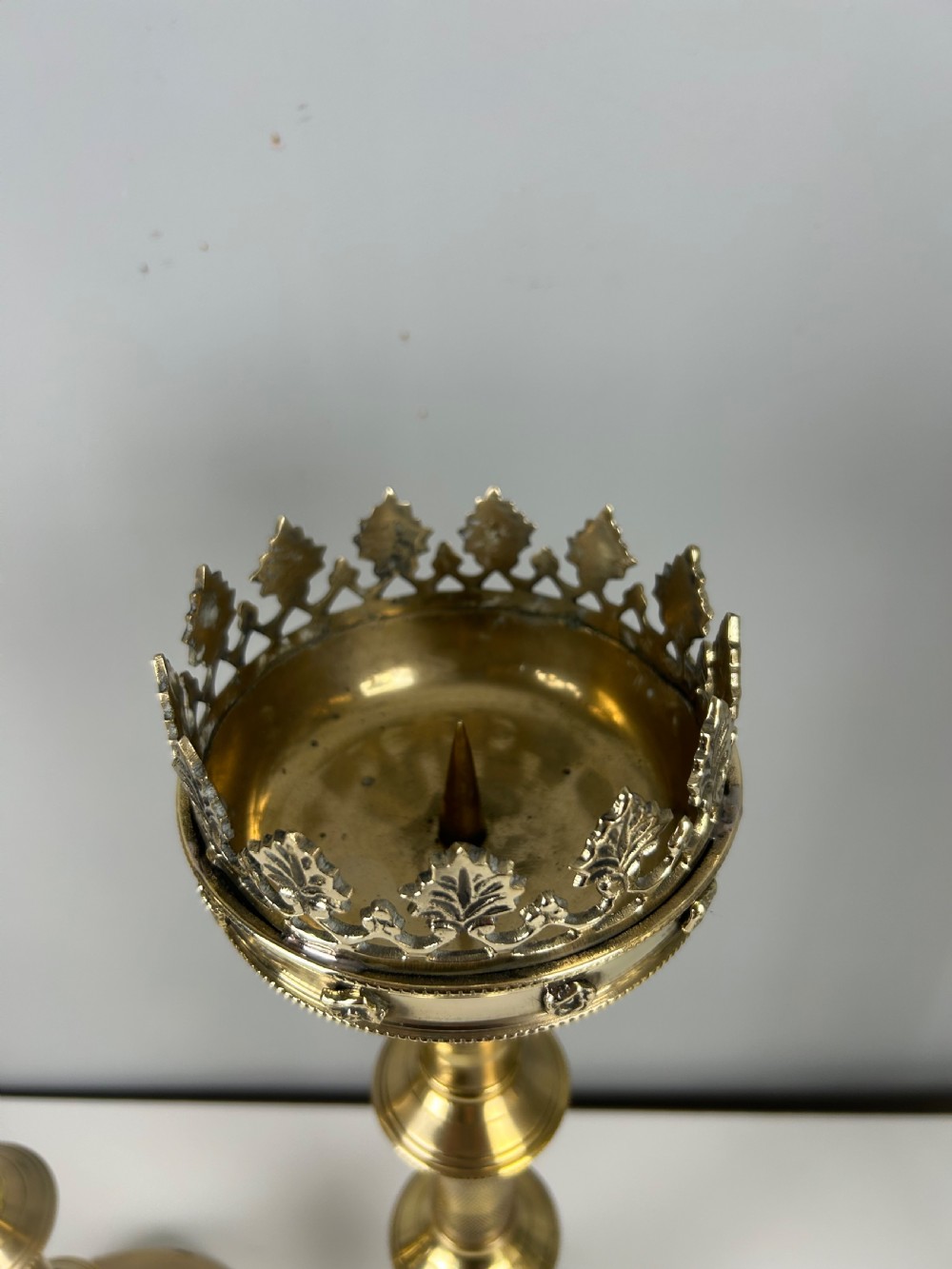 Pair of French Polished Brass Church Pricket Candlesticks, c1900 View IV