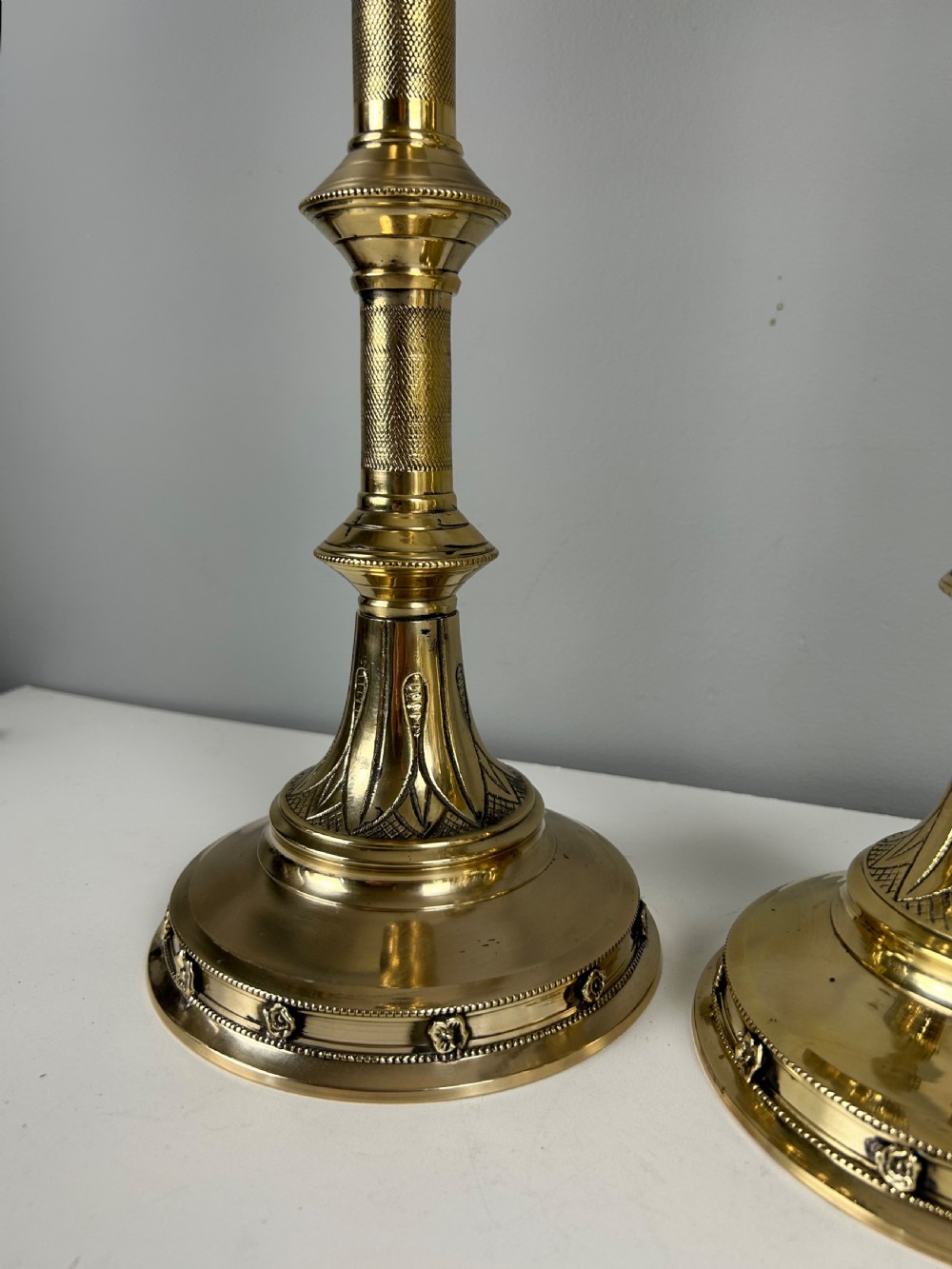 Pair of French Polished Brass Church Pricket Candlesticks, c1900 View VI