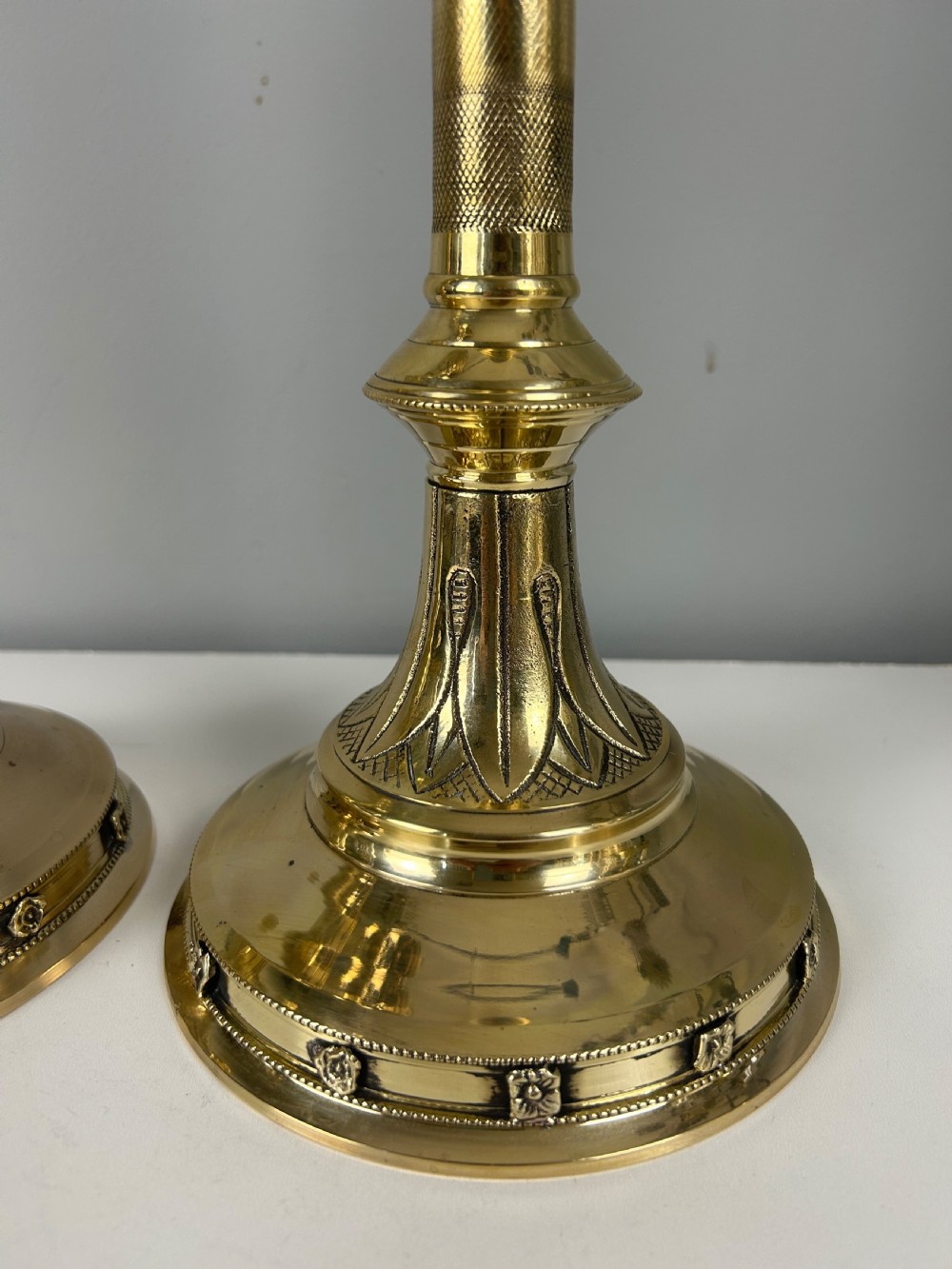 Pair of French Polished Brass Church Pricket Candlesticks, c1900 View VII