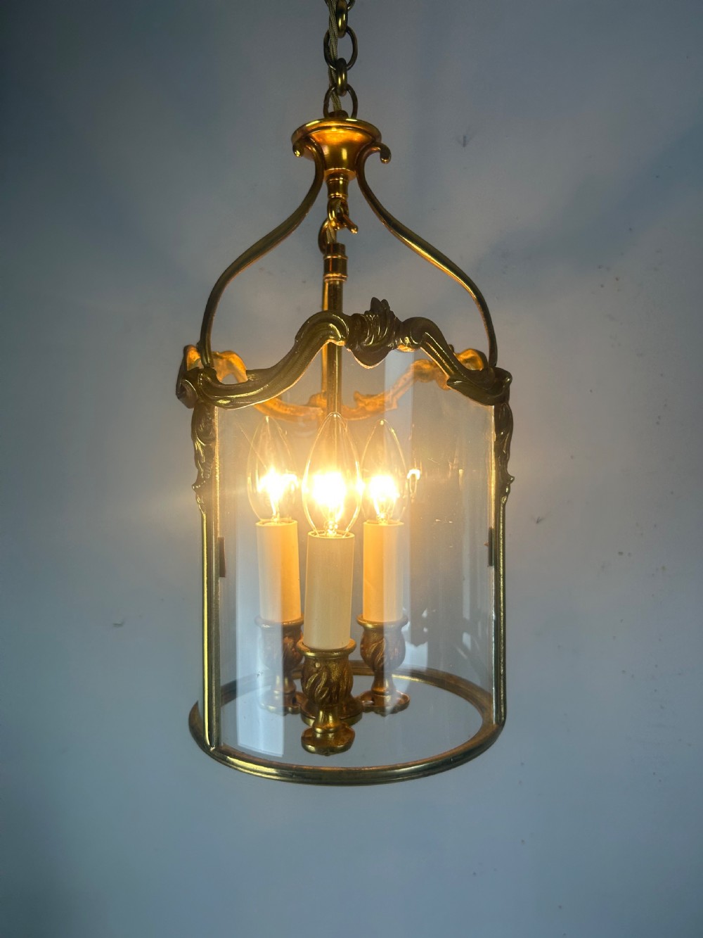 French Gilded Triple Light Antique Lantern View V