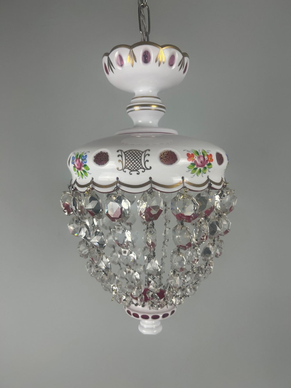 Bohemian Cranberry & Crystal Lustre Ceiling Light, Rewired