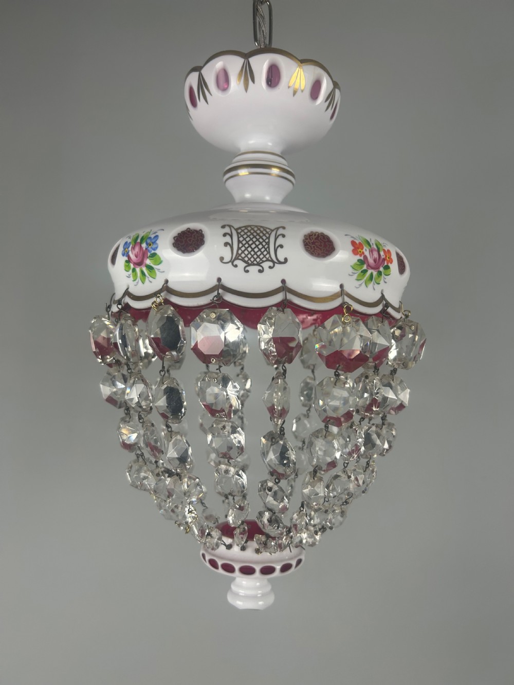 Bohemian Cranberry & Crystal Lustre Ceiling Light, Rewired View II
