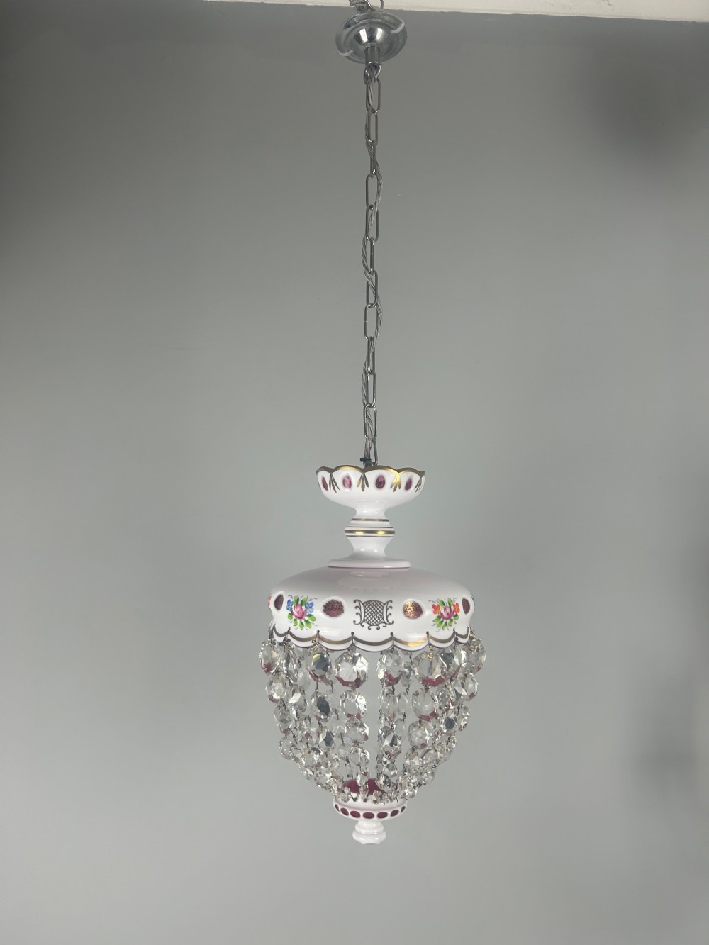 Bohemian Cranberry & Crystal Lustre Ceiling Light, Rewired View III