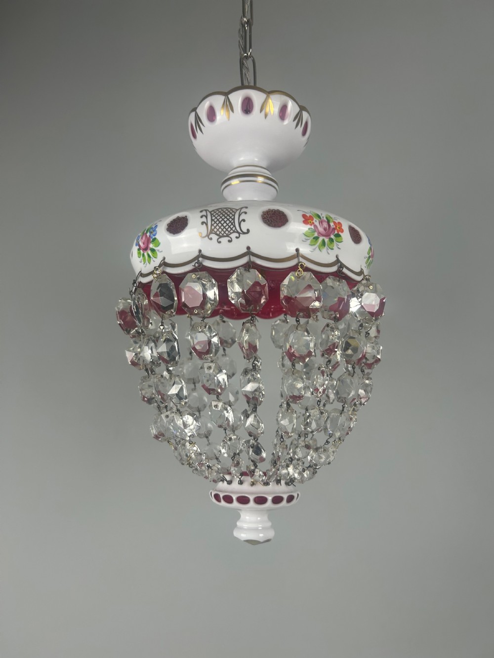 Bohemian Cranberry & Crystal Lustre Ceiling Light, Rewired View VI