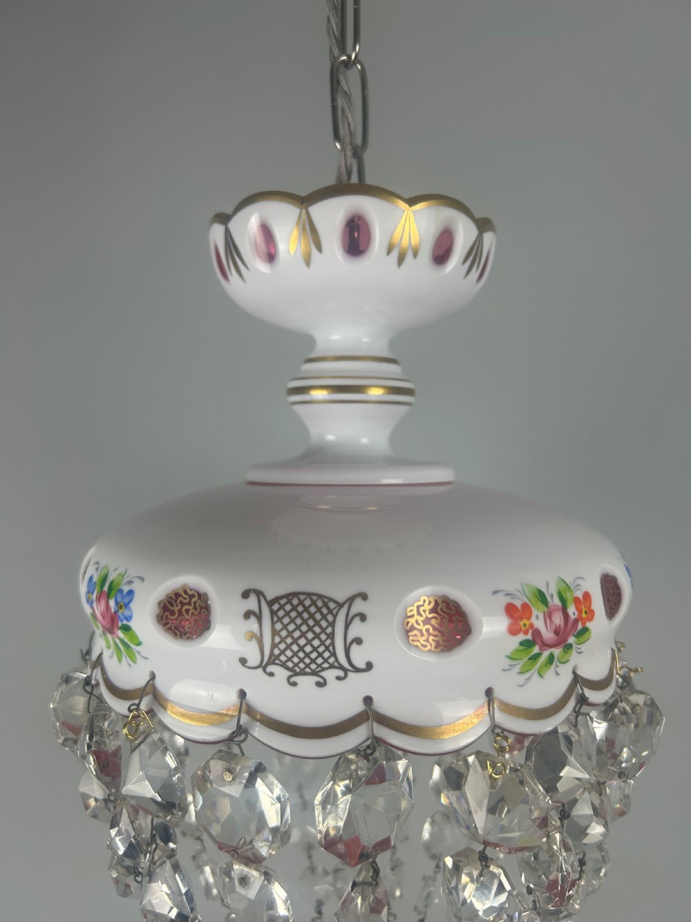 Bohemian Cranberry & Crystal Lustre Ceiling Light, Rewired View VII
